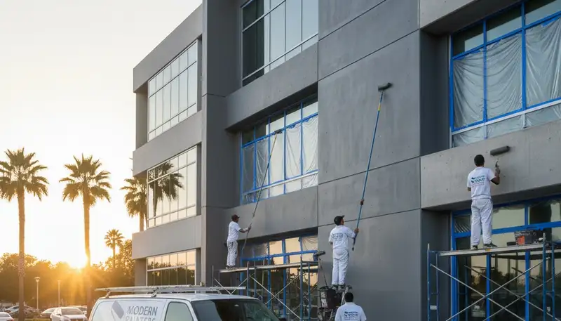 Commercial painting team coating office exterior in Loveland, CO for weather-resistant finish