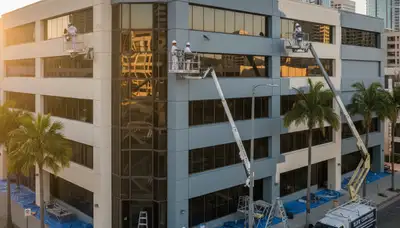 Professional commercial painters finishing office exterior in Loveland, CO