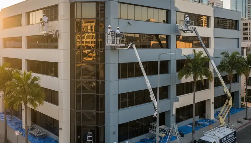 Professional commercial painters finishing office exterior in Loveland, CO