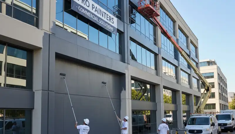 Commercial painters in Loveland CO applying durable exterior coating to a local office building