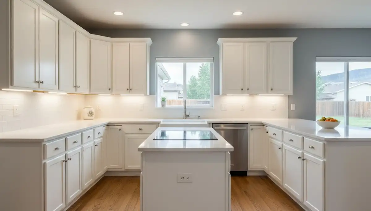 Refinished kitchen cabinets with smooth modern finish by house painters in Loveland, CO