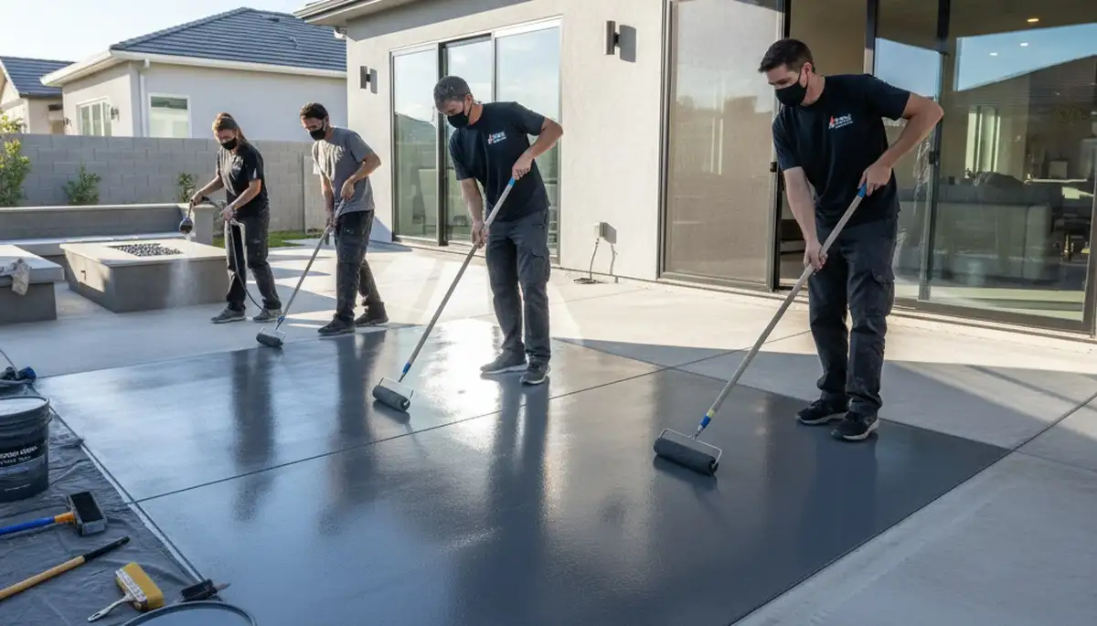 Contractor applying concrete stain to patio in Loveland, CO for durable decorative finish