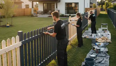 Professional fence painters coating wooden fence in Loveland, CO for durable, weather-resistant finish