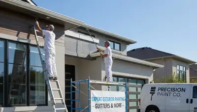 Professional gutter painting on a Loveland CO home exterior by expert house painters