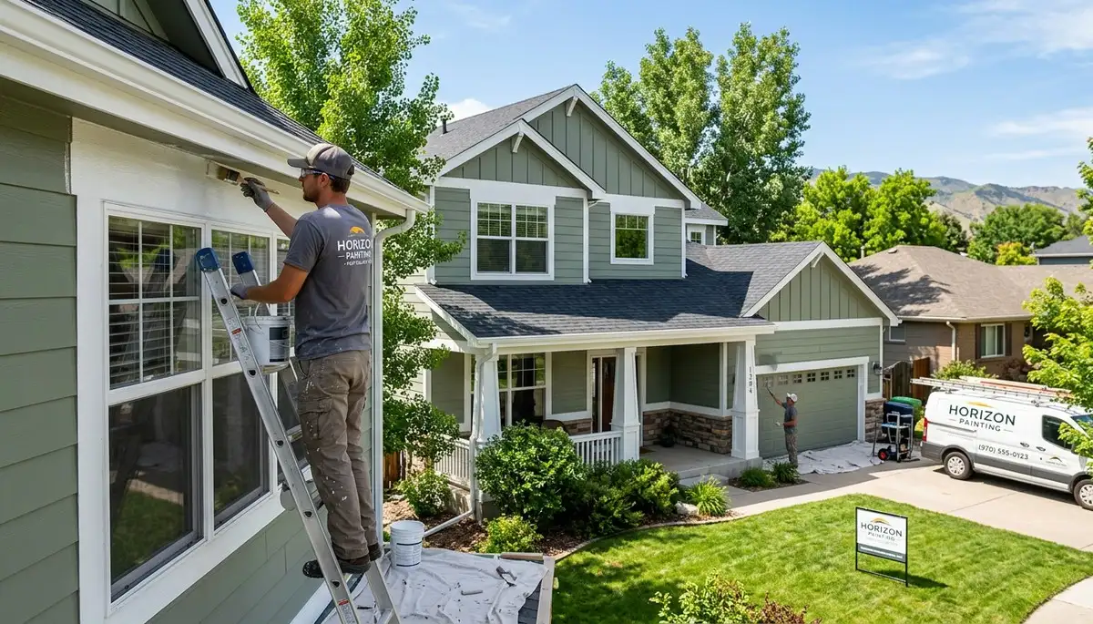 Professional house painters in Loveland CO applying exterior paint to a residential home façade