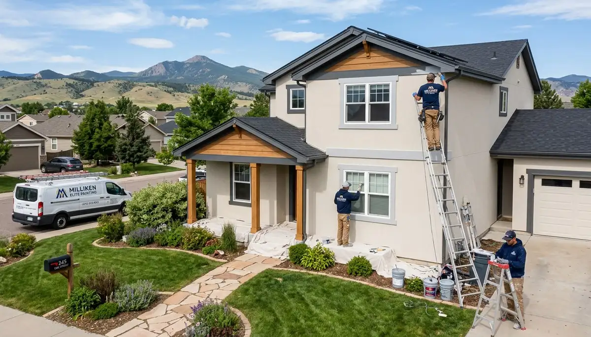 Professional house painters applying exterior paint on home in Loveland, CO