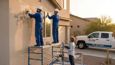 Professional stucco repair on Loveland CO home exterior by expert painters restoring cracks and texture