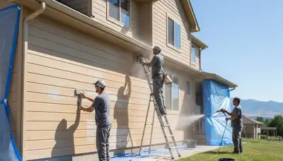 Painter sanding exterior siding during surface prep for house painting in Loveland, CO
