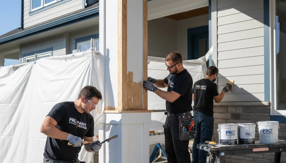 Wood rot repair on exterior siding by house painters in Loveland, CO restoring damaged wood surfaces