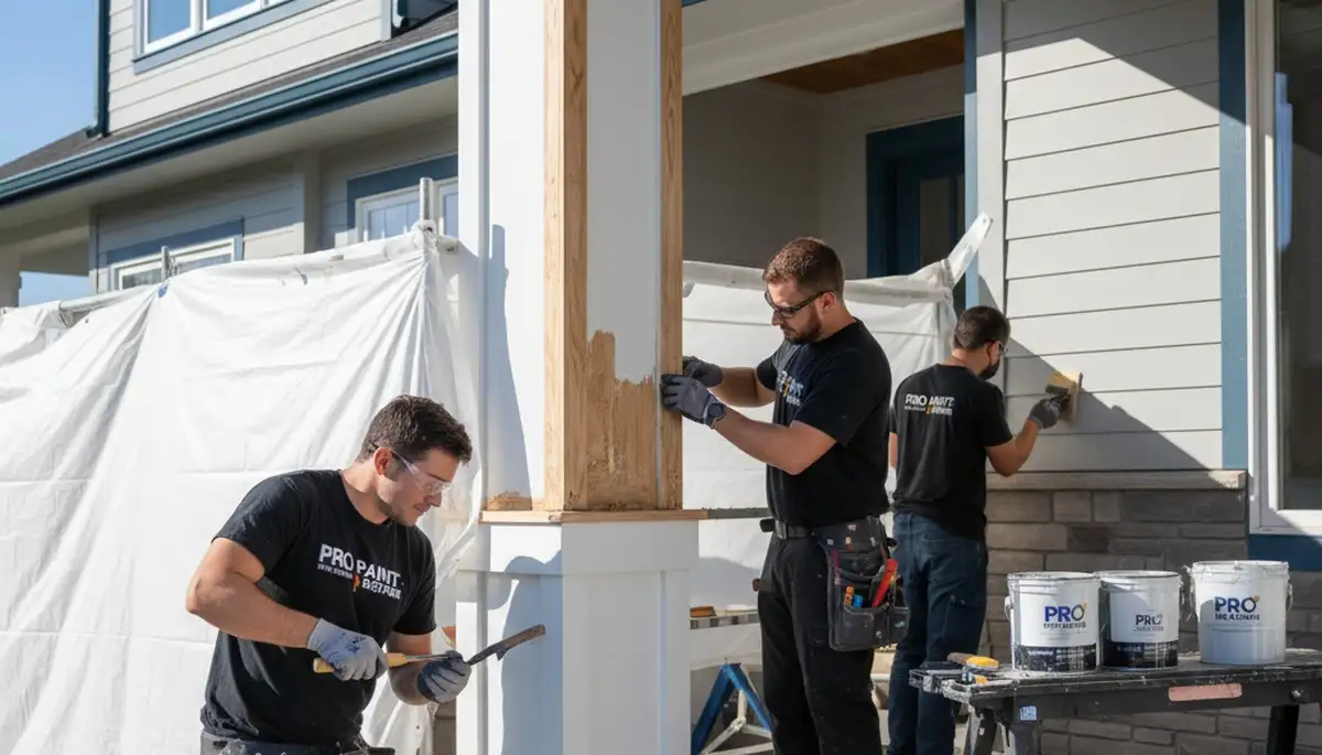 Wood rot repair on exterior siding by house painters in Loveland, CO restoring damaged wood surfaces